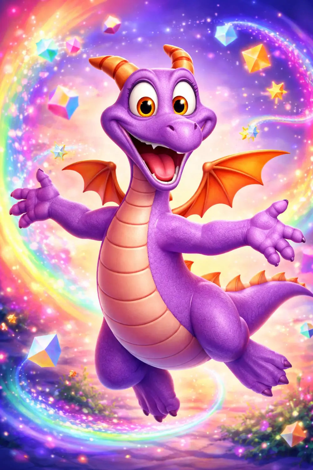 Figment the purple dragon smiling in a magical, whimsical setting at EPCOT, symbolizing imagination and Disney magic