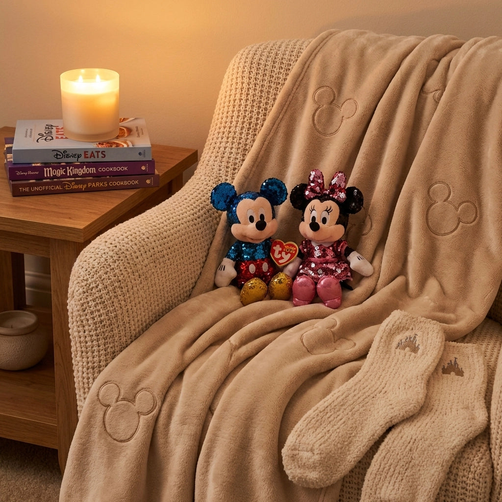 Cozy Disney home setup with Mickey blanket, plushes, candles, and recipe books for homebodies