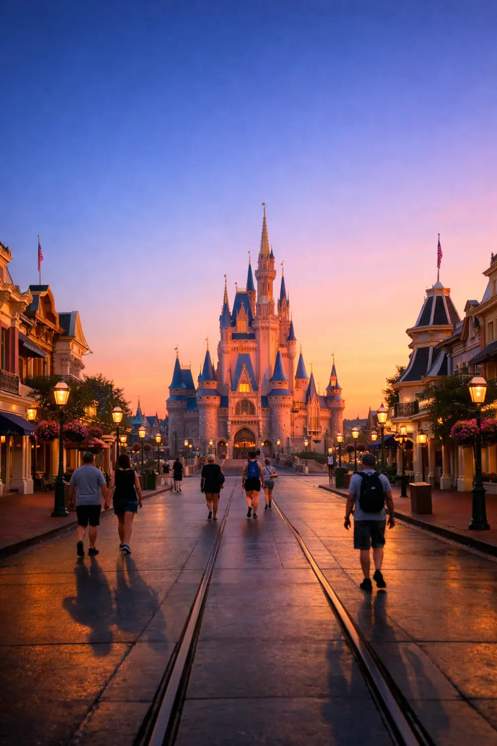 Early morning rope drop at Magic Kingdom with Cinderella Castle at sunrise and minimal crowds