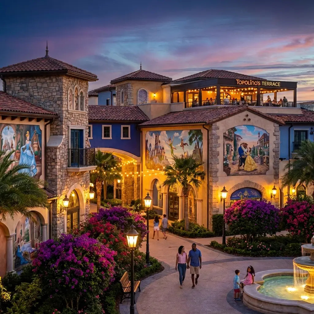 Disney's Riviera Resort Mediterranean courtyard with Topolino's Terrace restaurant at dusk
