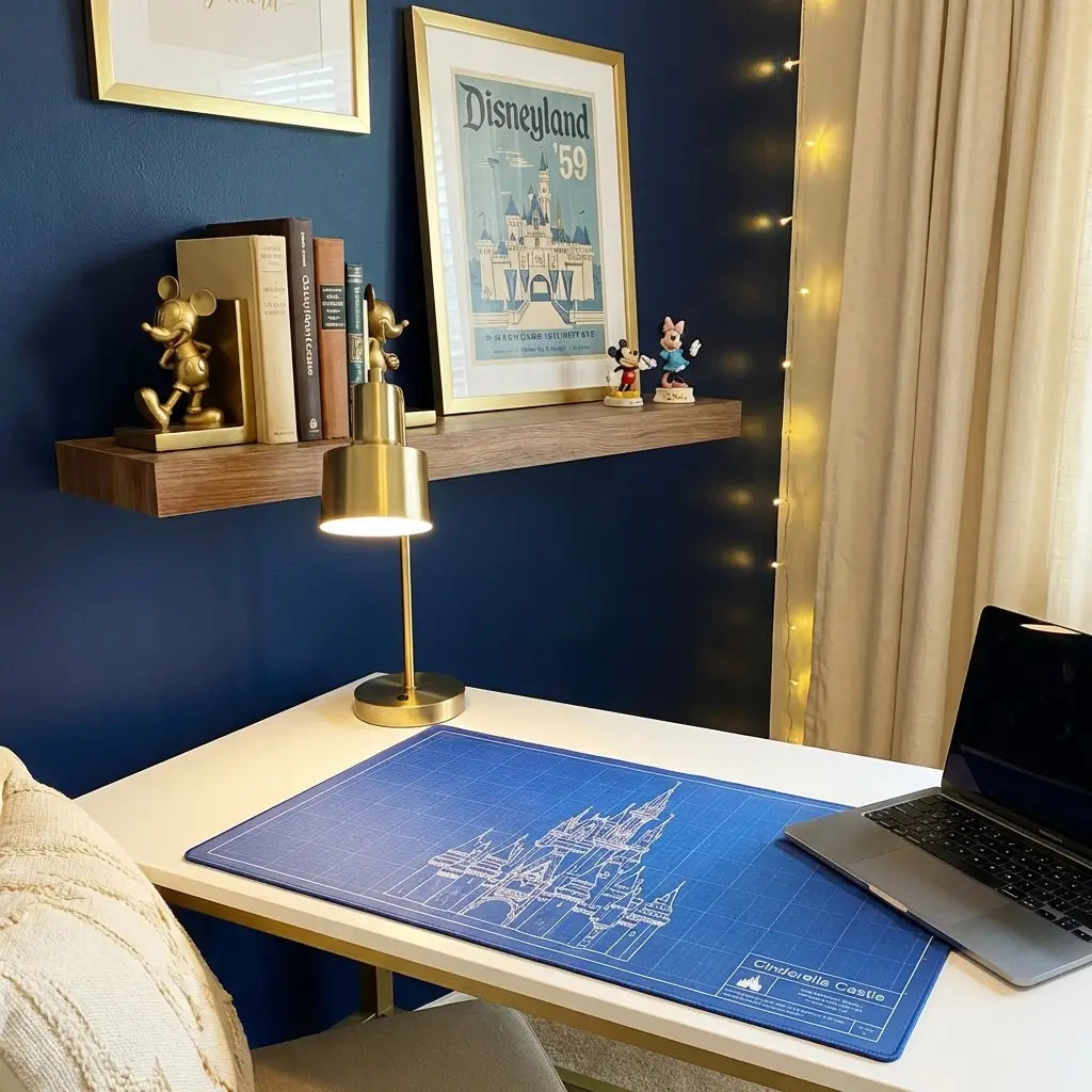 Professional home office workspace with subtle Disney decor perfect for video call backgrounds