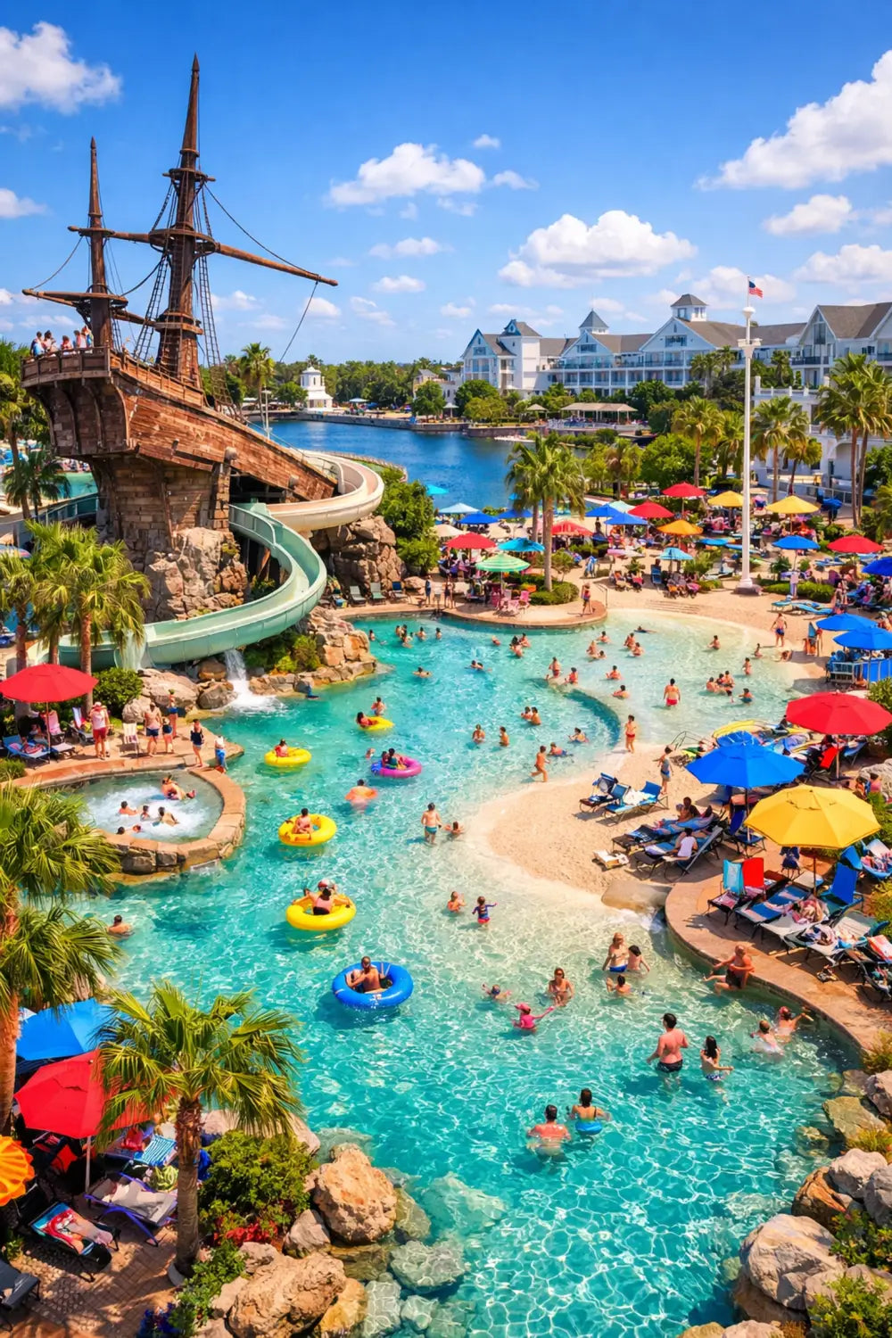 Stormalong Bay pool at Disney's Beach Club with lazy river, waterslide, and shipwreck feature