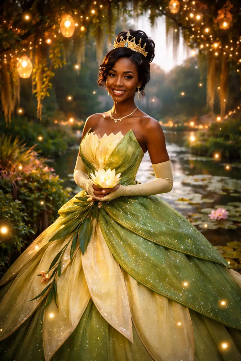 Adult woman as Princess Tiana in a sparkling green gown, posing in an enchanting New Orleans garden setting.