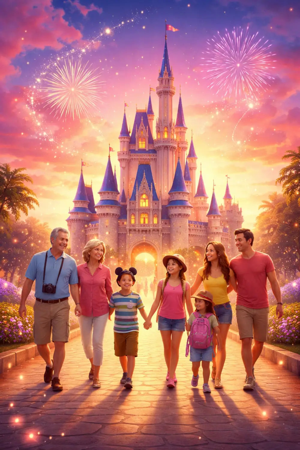 Multigenerational family walking toward a magical Disney castle at sunset, celebrating budget-friendly group trips in 2026.