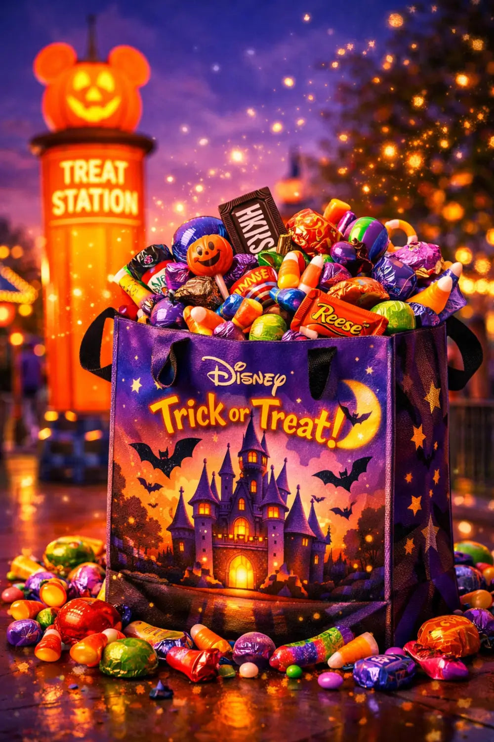 A festive Disney Halloween trick-or-treat bag filled with candy at Magic Kingdom.