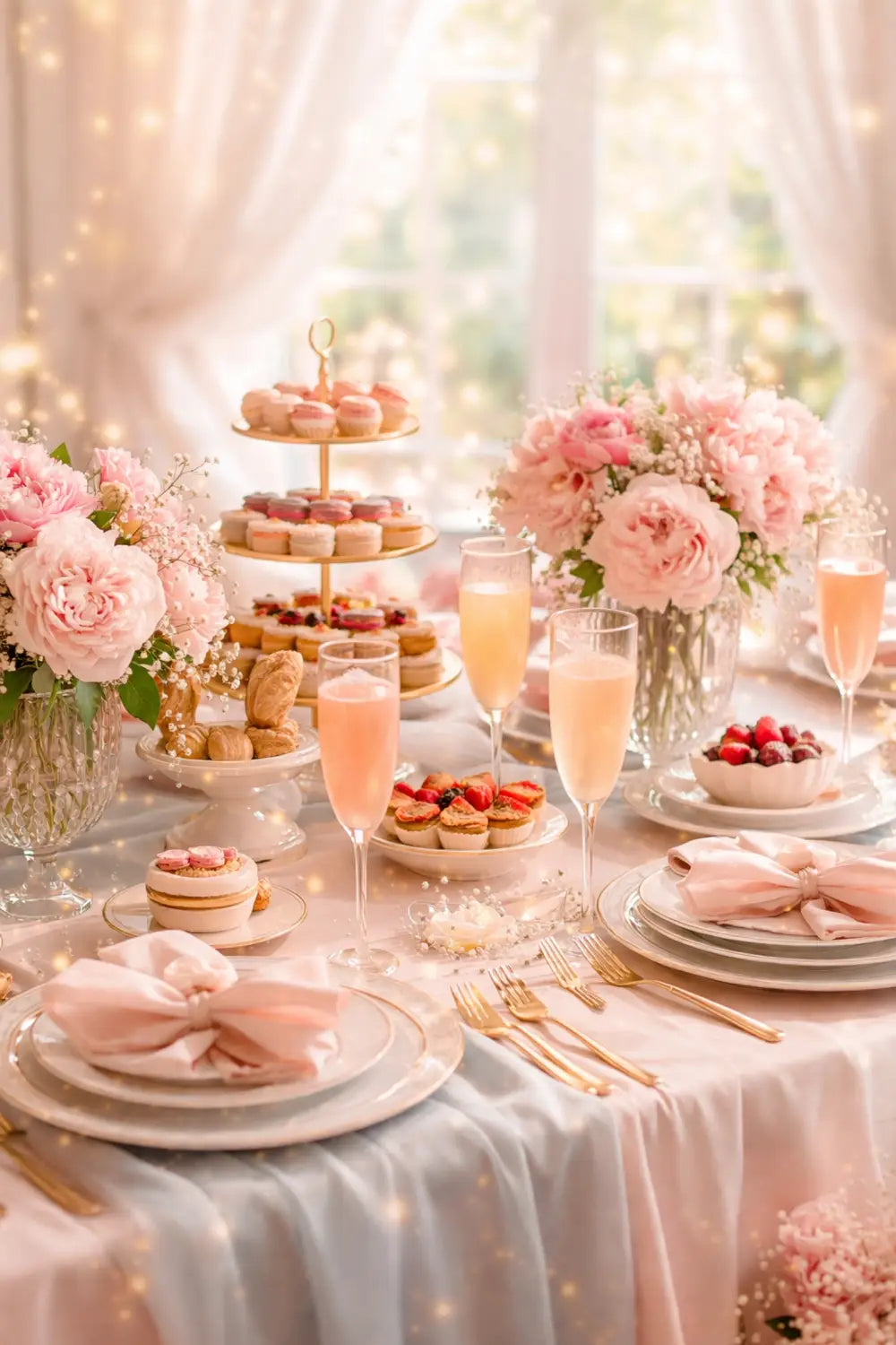 Elegant Disney princess brunch table with pastel linens, gold accents, flowers, and mimosas