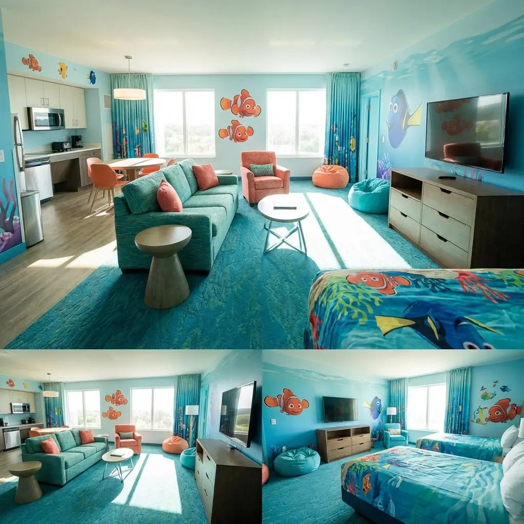 Finding Nemo family suite interior at Disney's Art of Animation Resort with living area and kitchenette