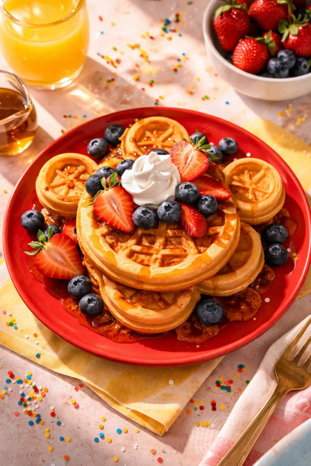 Overhead view of Mickey Mouse-shaped waffles with berries and syrup on a bright red plate for a Disney breakfast