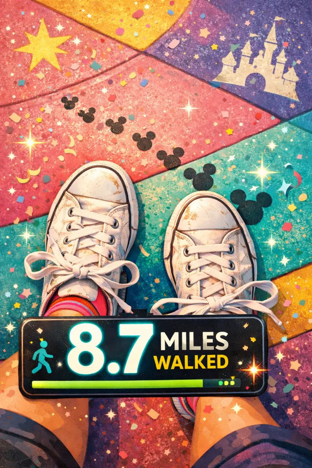 Sneakers showing 8.7 miles walked at Disney World parks in one day