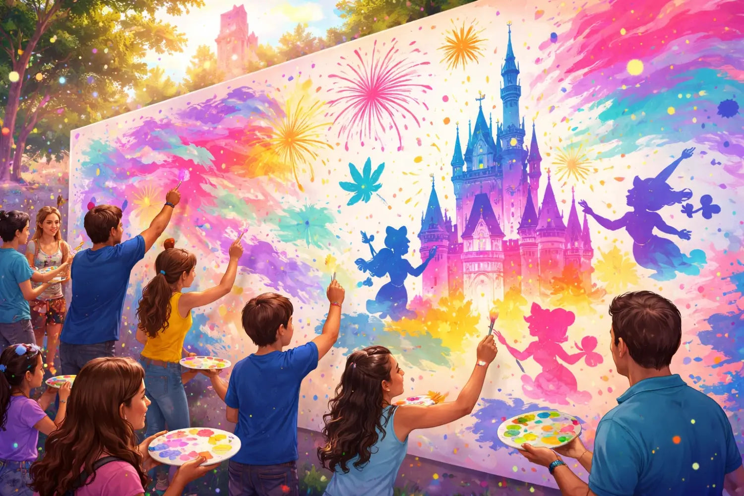 Guests painting a giant collaborative mural with rainbow hues during EPCOT Festival of the Arts interactive activity