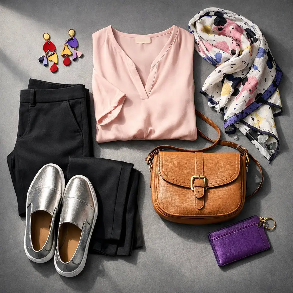 EPCOT outfit featuring ankle pants, pink blouse, crossbody bag, and Festival of the Arts accessories