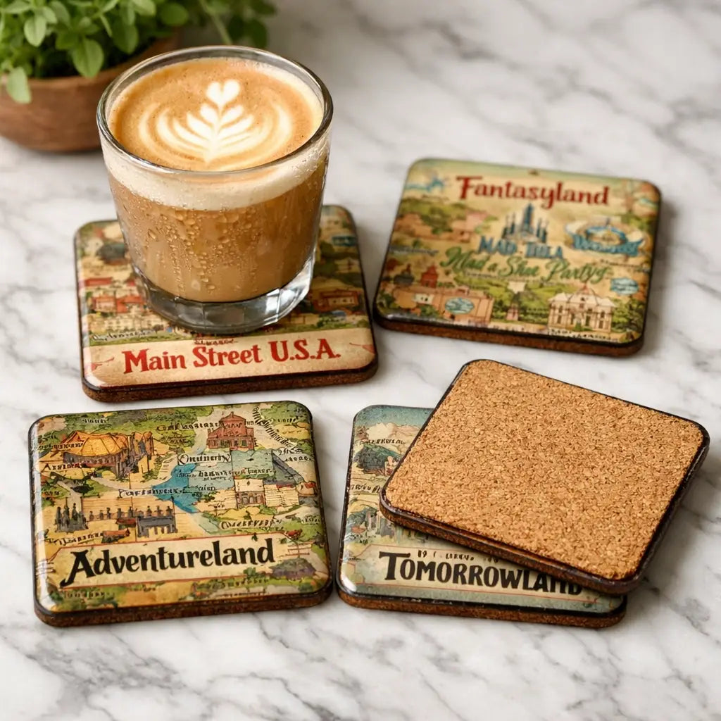 Handmade Disney park map coasters with resin finish on marble countertop