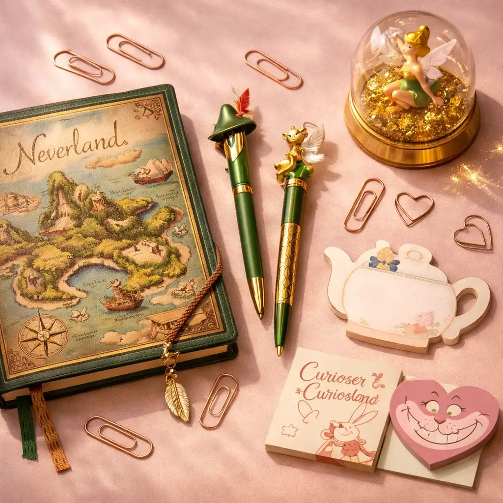 Disney stationery collection with Peter Pan pens, journals, and Tinker Bell paper clip holder