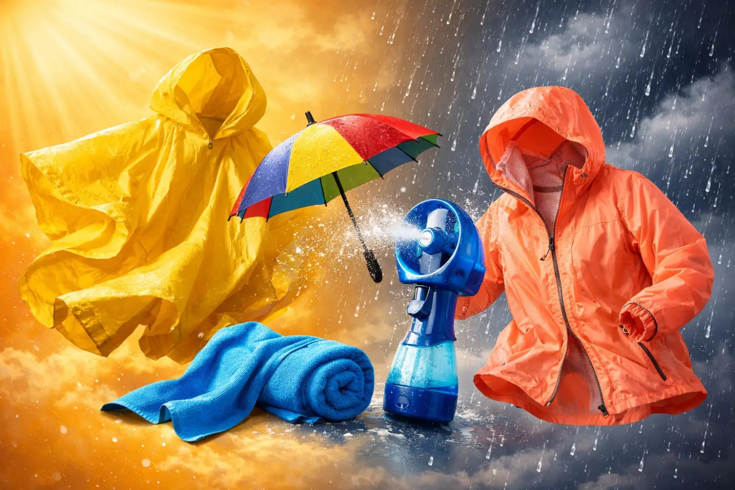 Weather protection gear for Disney parks including poncho, umbrella, and cooling fan