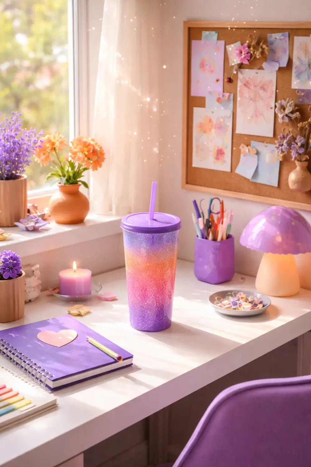 Home office desk decorated with a vibrant Figment tumbler and creative Disney-inspired purple decor.