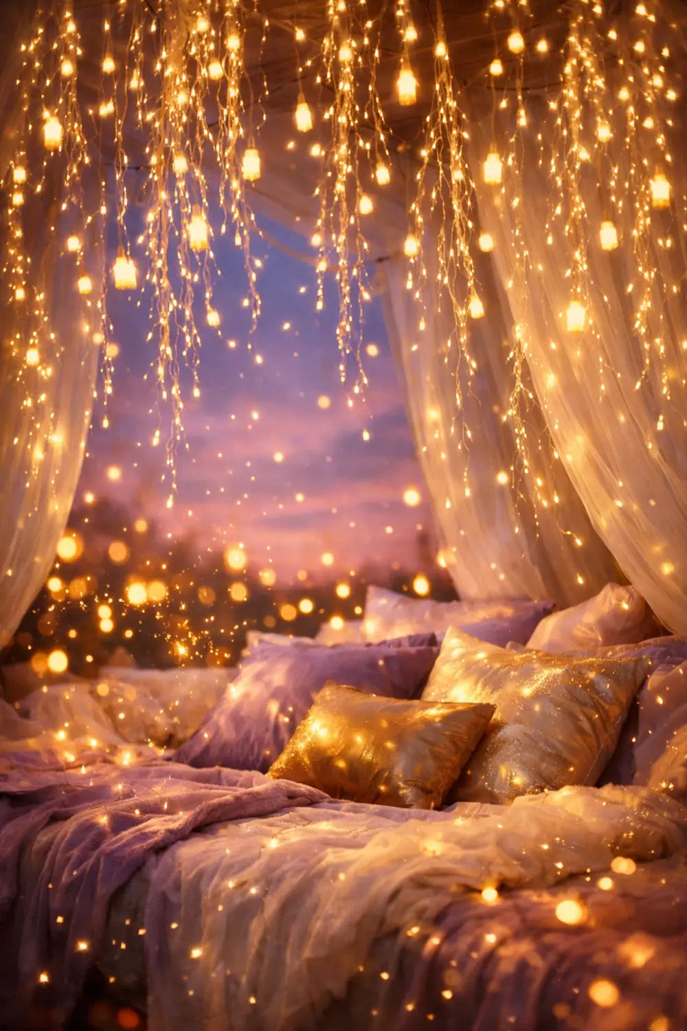 Whimsical bedroom lighting with golden fairy lights inspired by the lanterns in Disney's Tangled.