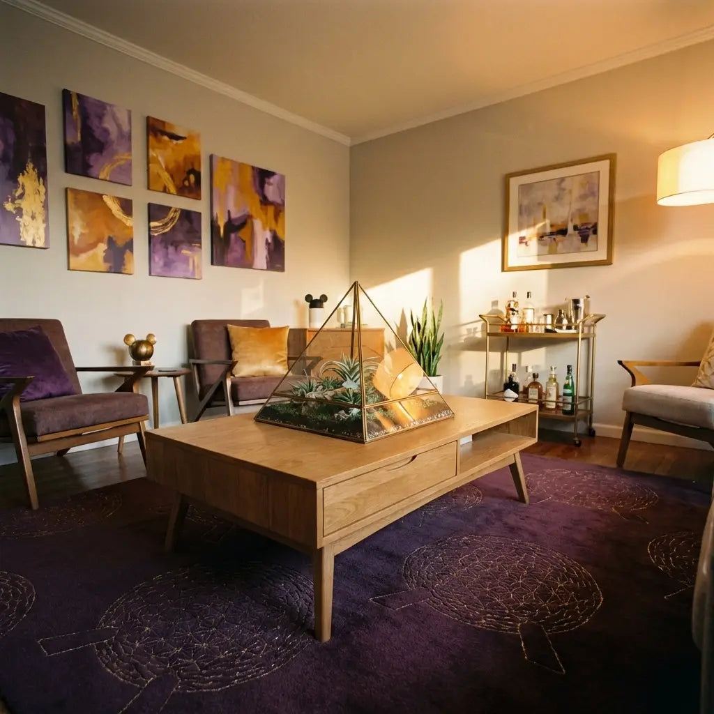 Stylish adult living room with an EPCOT-inspired plum rug and geometric glass home decor.