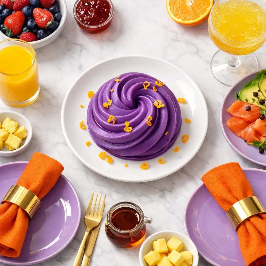 Elegant Disney-themed table setting with lavender plates and vibrant EPCOT-inspired colors.