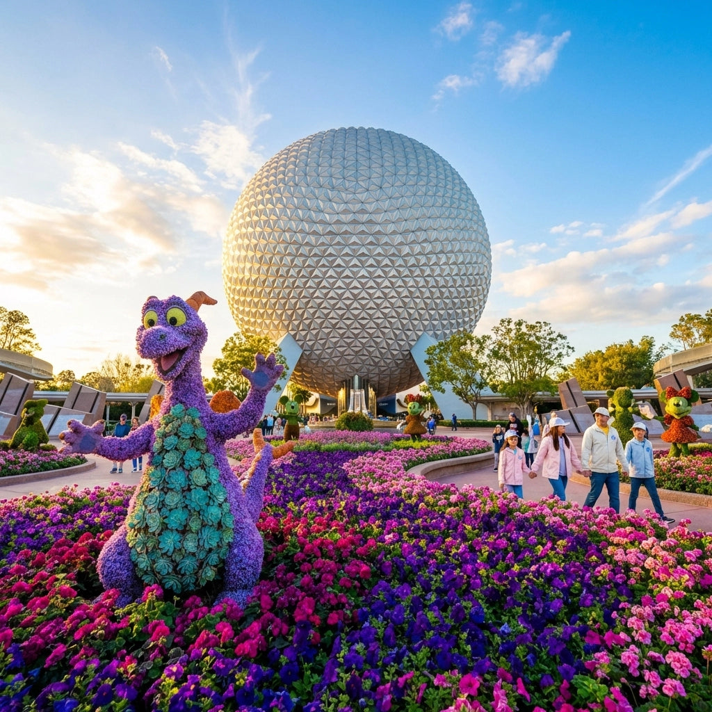 EPCOT Flower & Garden Festival 2026 with Spaceship Earth and colorful spring topiaries