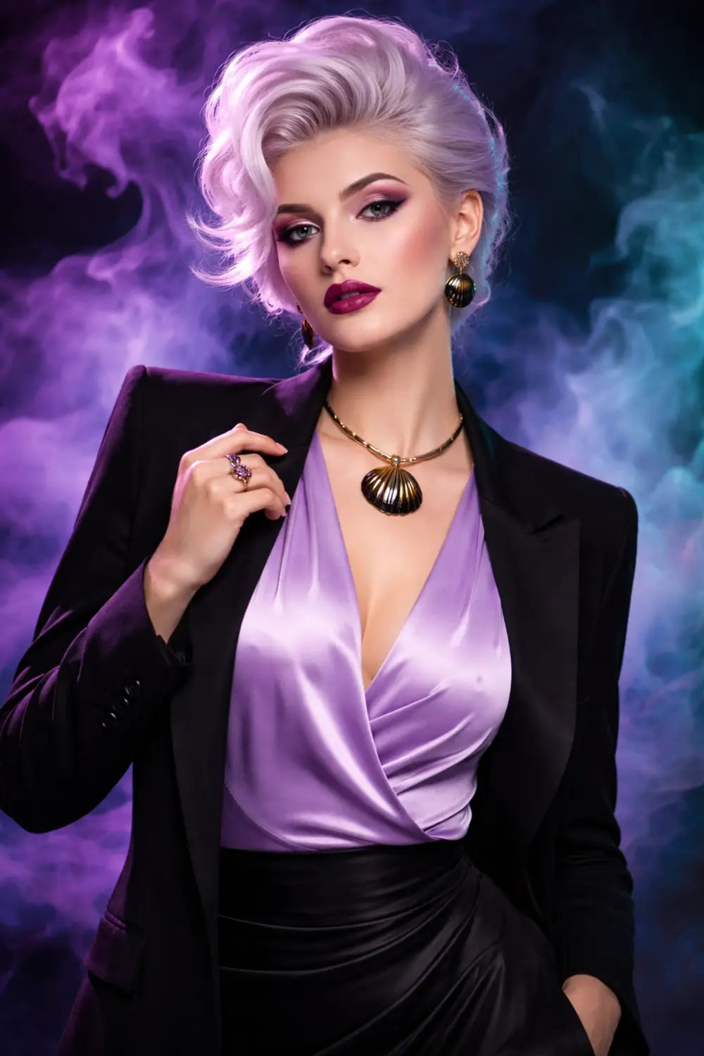 Fashionable woman in a soft Ursula-inspired Disney Boundary look with purple and teal accents