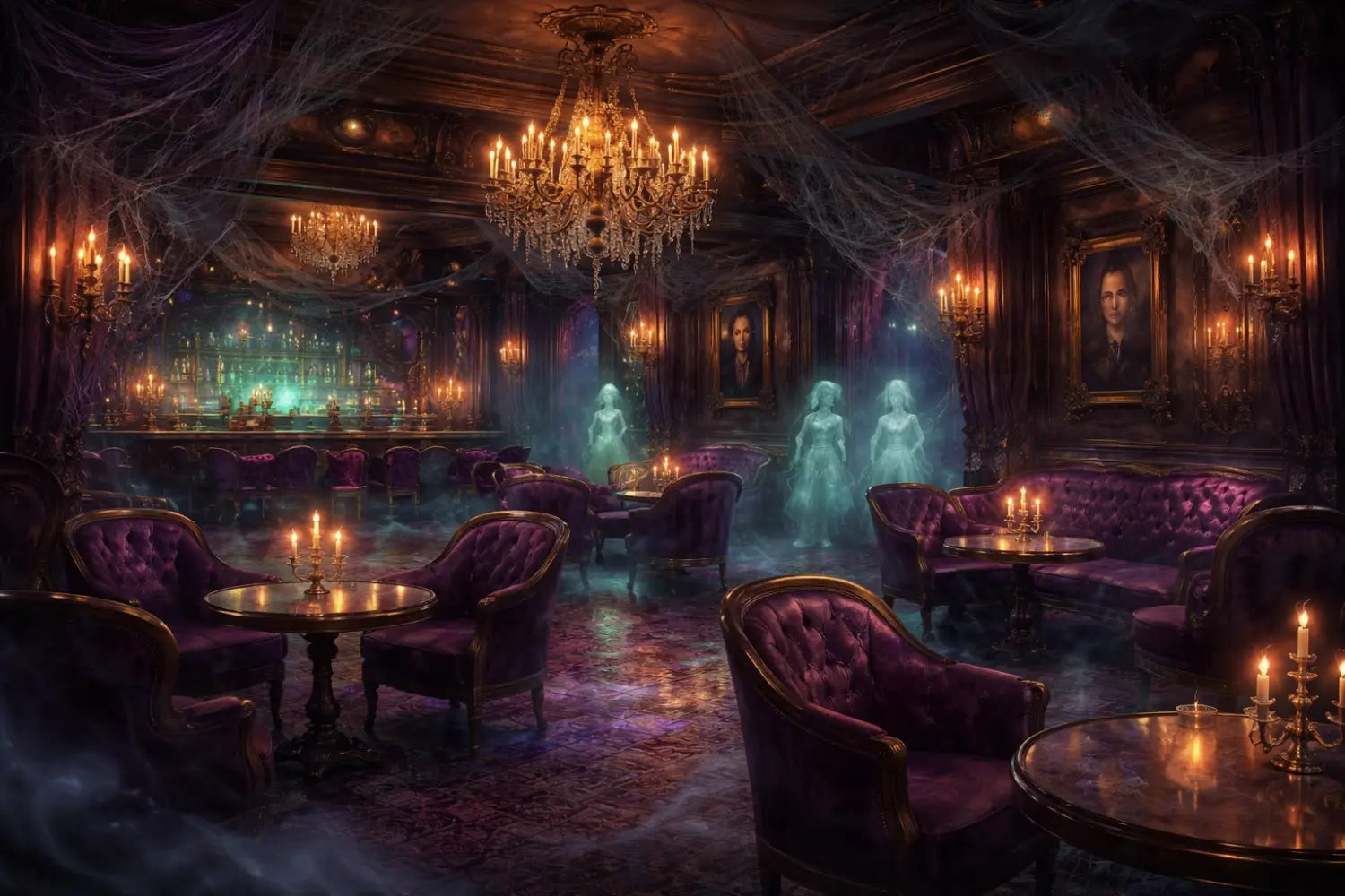 Haunted Mansion lounge on Disney Treasure with ghostly decor, velvet chairs, and mysterious portraits.