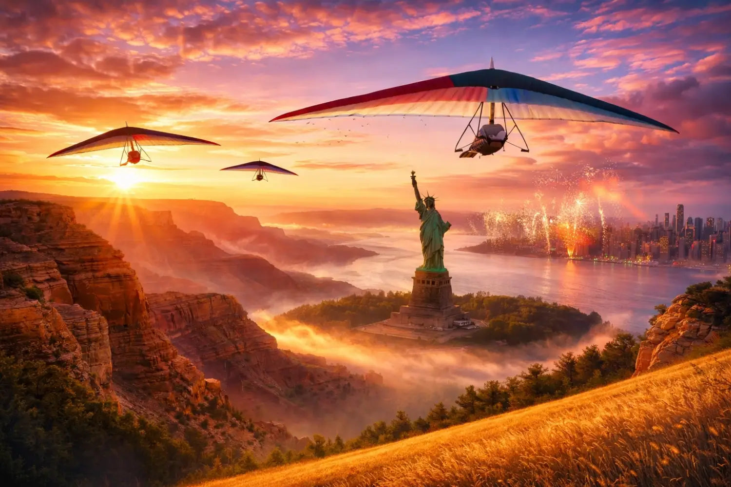 Hang gliders soaring over iconic American landmarks at sunrise, celebrating Soarin' Over America's new 2026 EPCOT experience