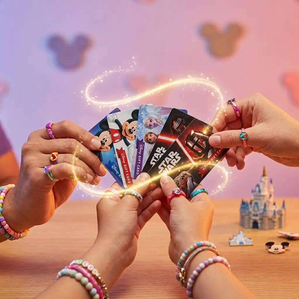 Family holding Disney gift cards with souvenirs in background, highlighting Disney savings strategies