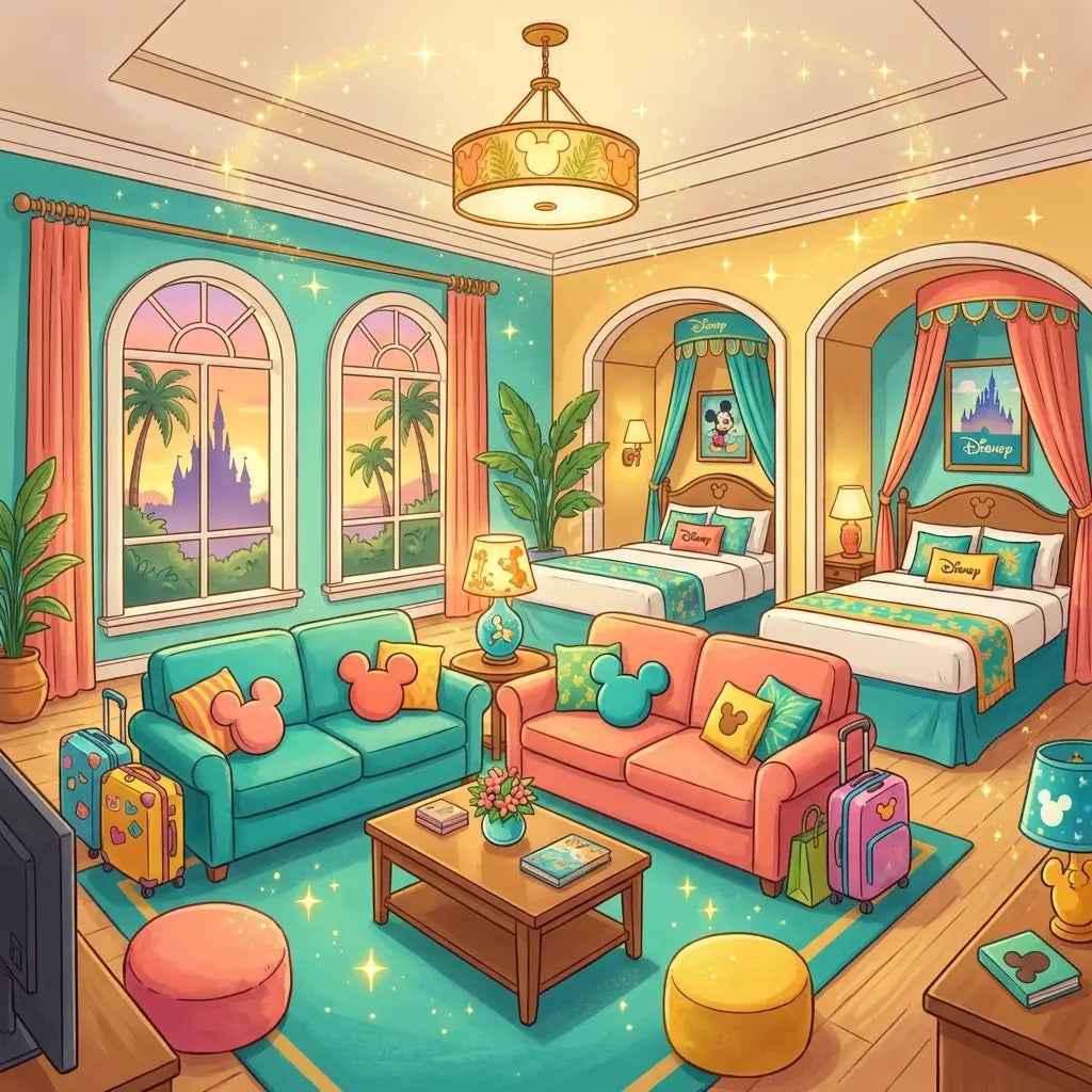 Spacious Disney resort family suite with separate sleeping areas, perfect for large group accommodations.