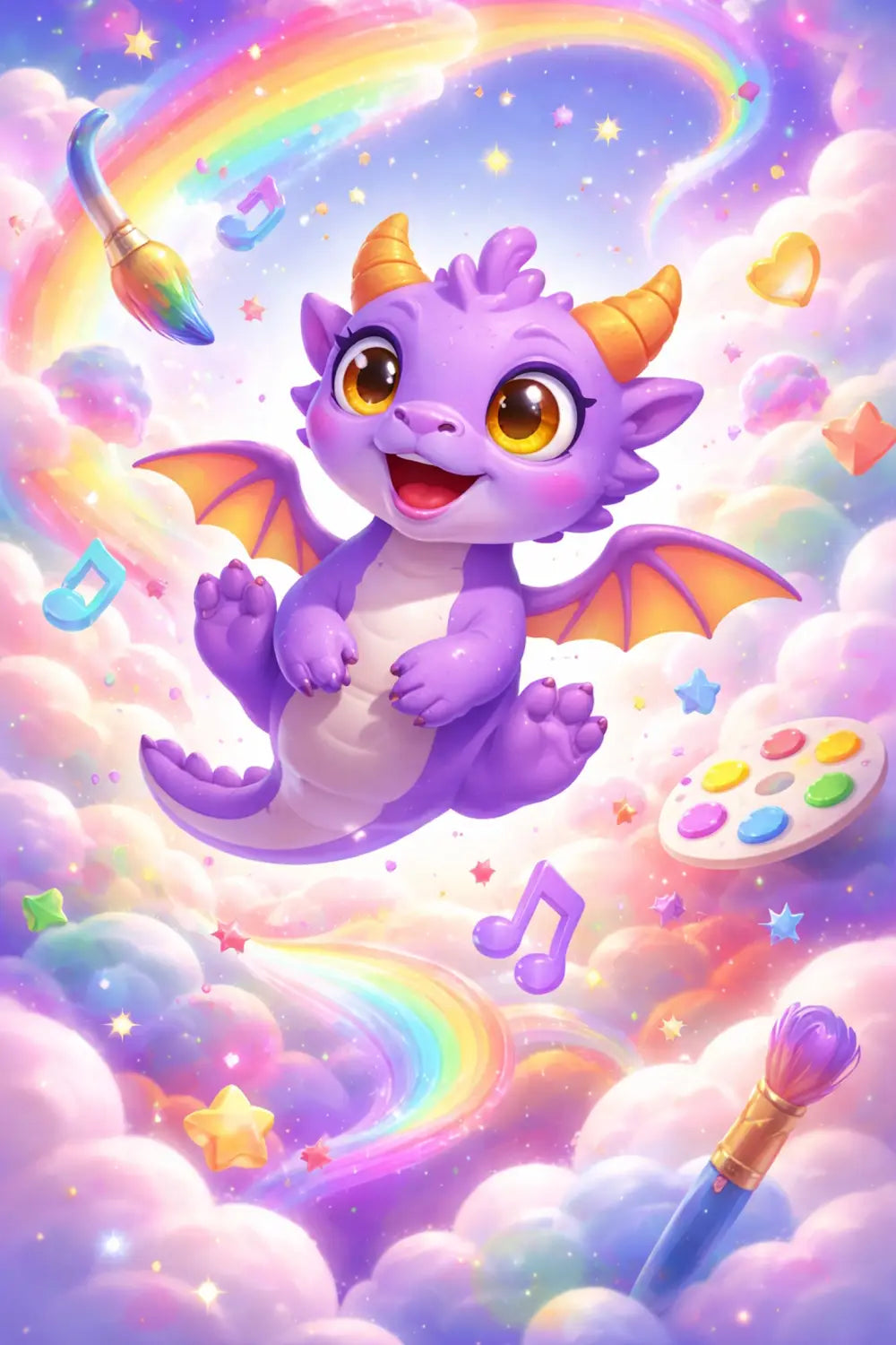 Figment the purple dragon floats amid clouds, stars and imagination, celebrating Disney EPCOT's creative spirit.