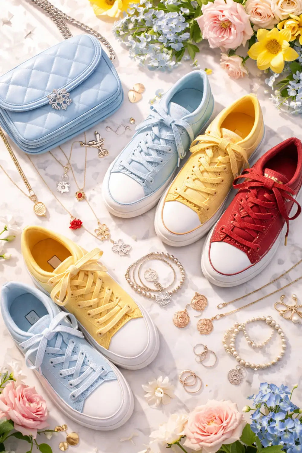 Flat lay of Disney Bounding essentials including colorful sneakers, subtle Disney jewelry, and a chic bag