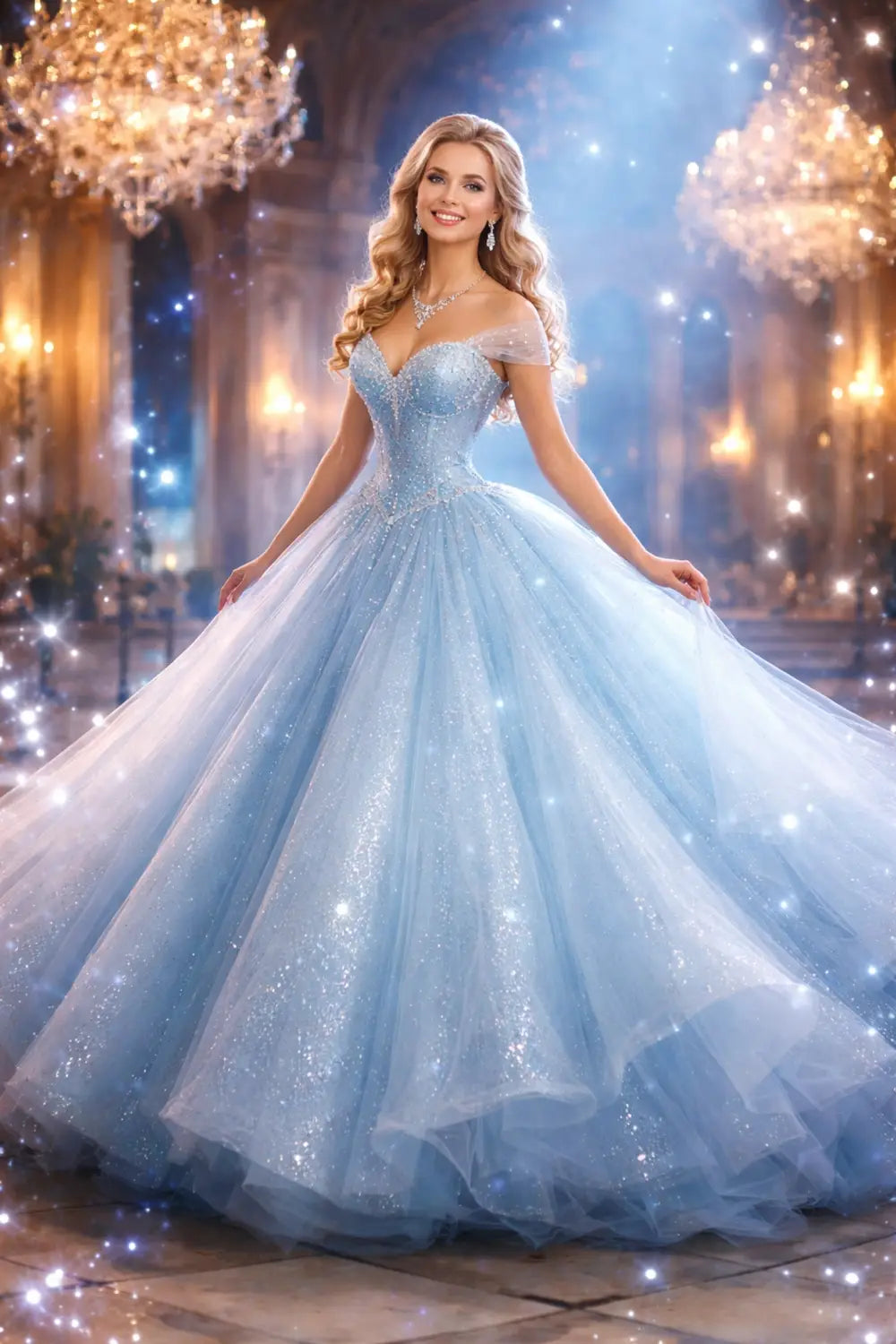 Adult woman in a sparkling blue Cinderella ball gown standing in a grand ballroom, perfect for adult princess costume inspiration.