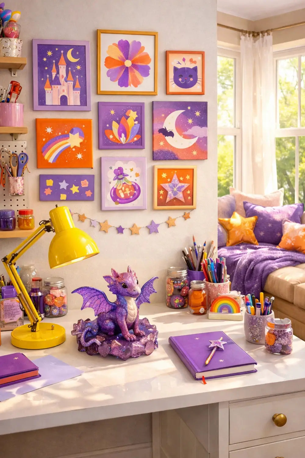 A bright home office with purple and orange Disney-inspired decor and a small Figment dragon figurine.