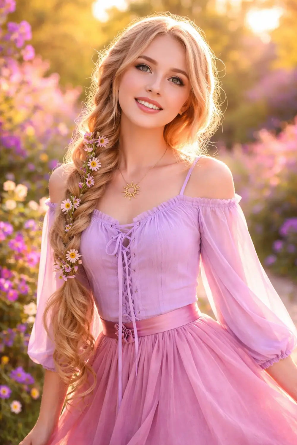 Woman in a Rapunzel-inspired Disney Bounding outfit with pastel colors in a sunlit flower garden