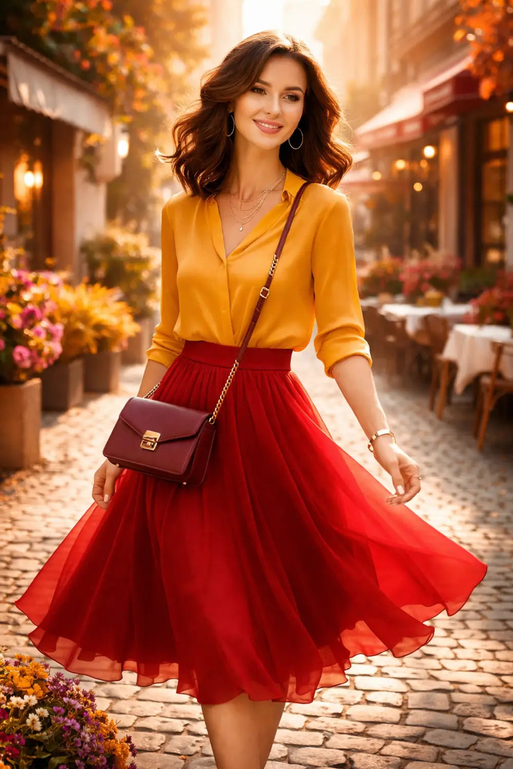 Stylish woman in a golden yellow blouse and red skirt, inspired by Belle, walking through a romantic European street