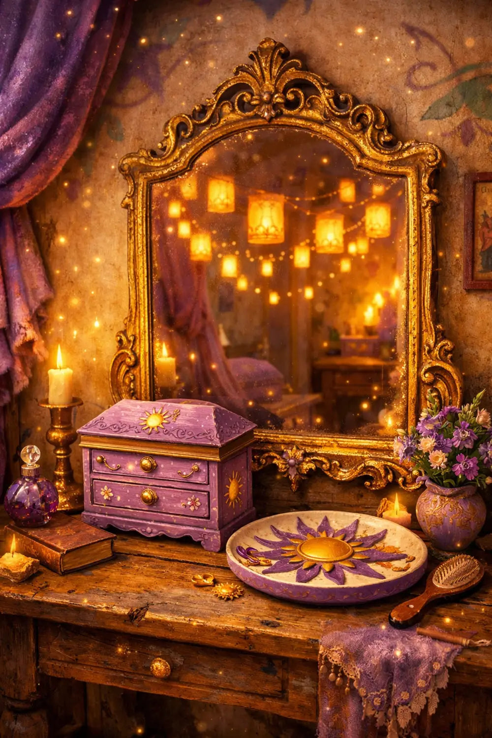 Tangled inspired vanity with a vintage gold mirror, glowing lanterns, and Rapunzel themed accessories.