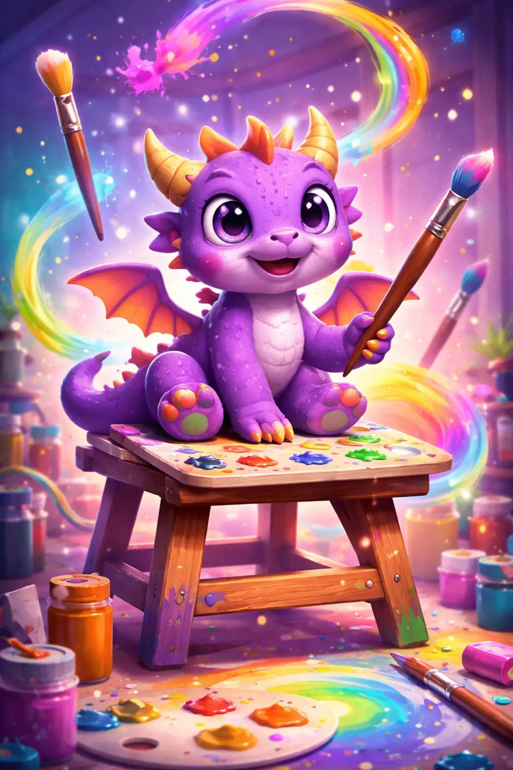 Whimsical Figment purple dragon surrounded by artist supplies in a magical studio, showcasing Disney imagination.
