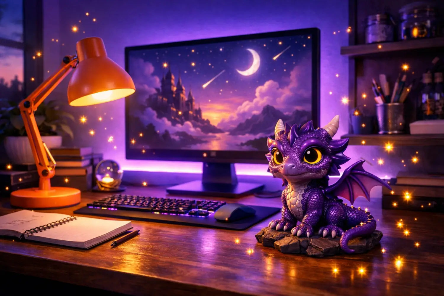 Magical home office desk with a Figment dragon figurine and purple ambient lighting.