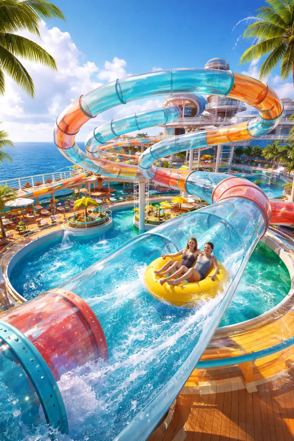 AquaMouse water coaster on Disney Treasure with twisting tubes above the pool and excited passengers.
