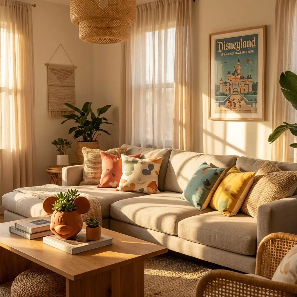 Modern living room decorated with subtle Disney touches and vintage Disneyland poster