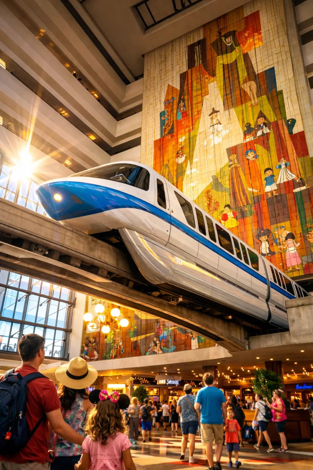 Monorail passing through Disney's Contemporary Resort Grand Canyon Concourse with Mary Blair mural