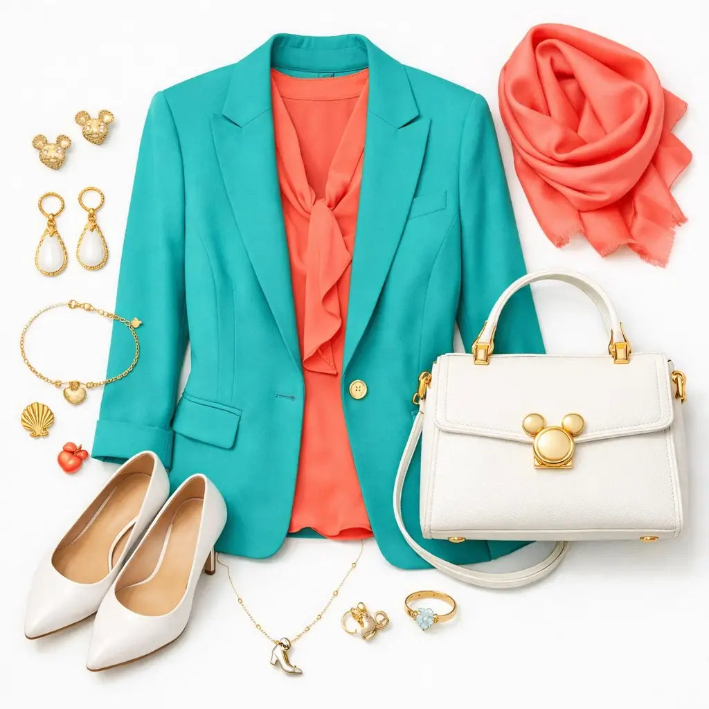 Disney-inspired professional outfit with teal blazer and coral accessories for Disney bounding