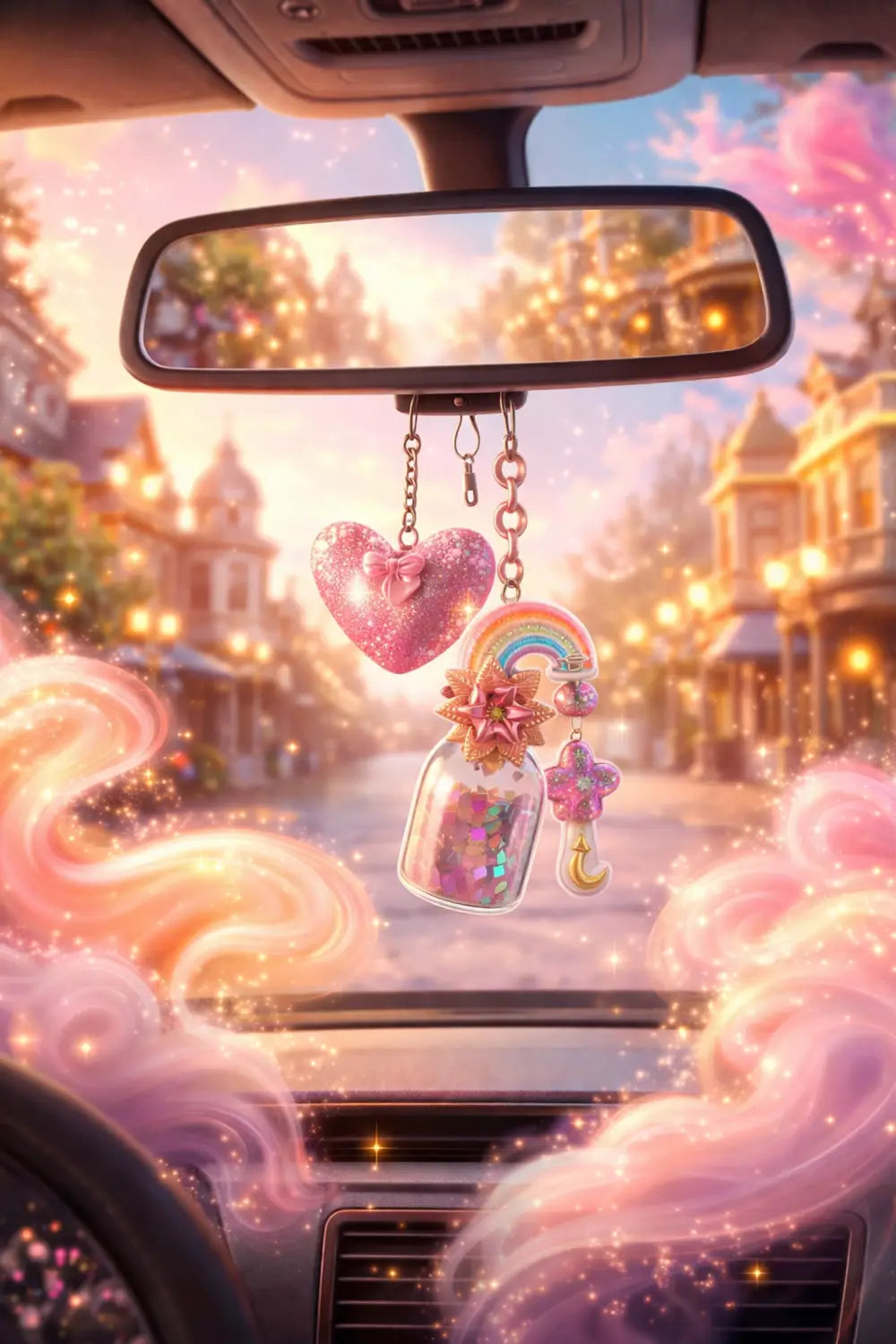 Disney-themed car air freshener and charm on rearview mirror with magical Main Street USA view