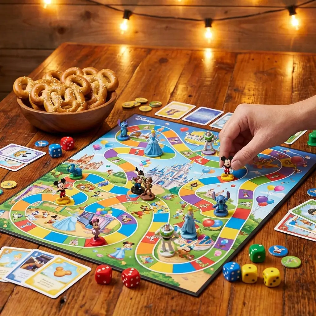A colorful Disney-themed board game with character pieces and a bowl of Mickey-shaped pretzels.