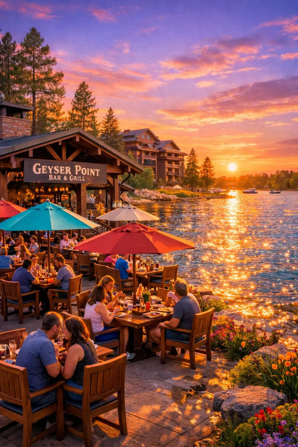 Geyser Point Bar & Grill waterfront dining area at Disney's Wilderness Lodge during golden hour
