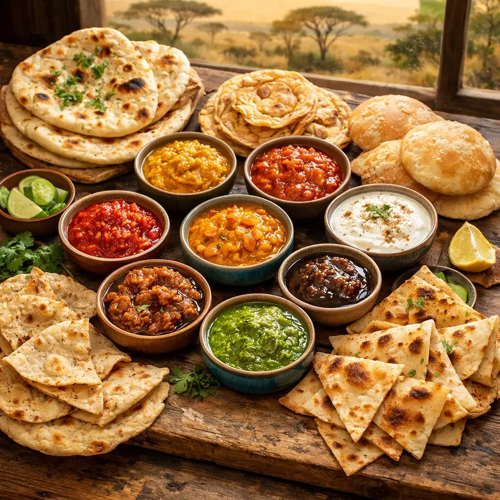 Sanaa restaurant famous bread service with Indian flatbreads and colorful chutneys at Kidani Village