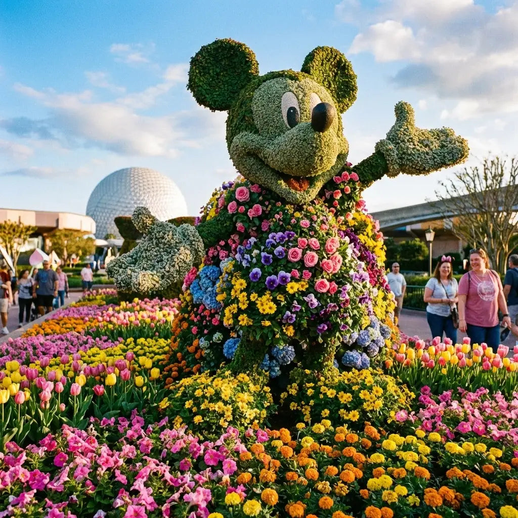 Mickey Mouse topiary covered in spring flowers at EPCOT Flower & Garden Festival 2026
