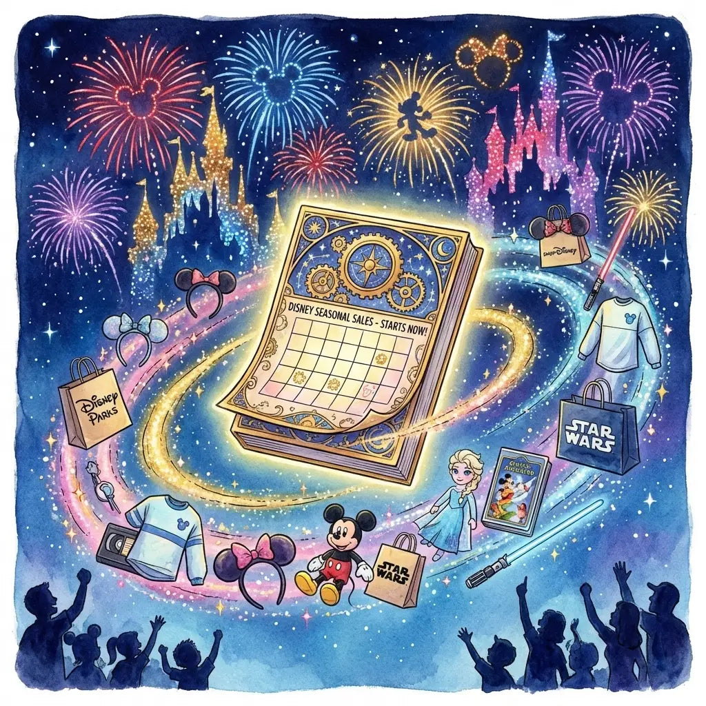 Magical calendar surrounded by Disney shopping bags and merchandise, celebrating seasonal Disney sales