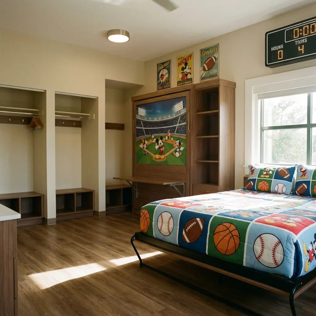 Renovated room interior at Disney's All-Star Sports with queen bed and murphy bed