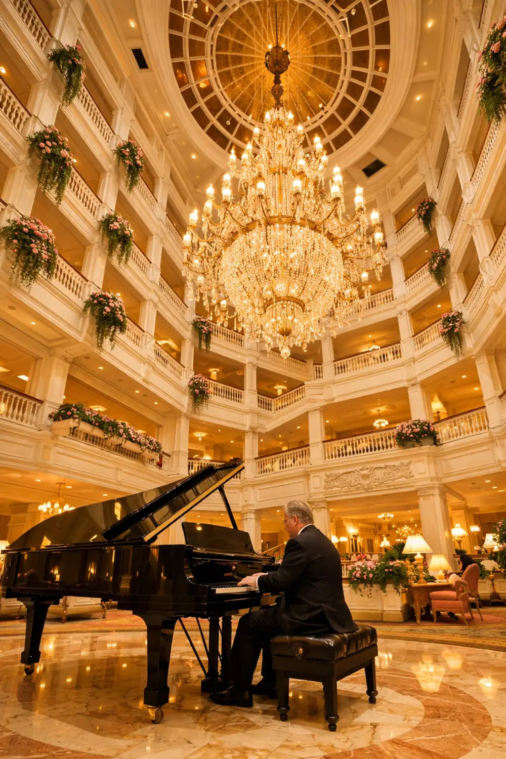 Grand Floridian Resort lobby with crystal chandelier, piano, and Victorian balconies at Disney World