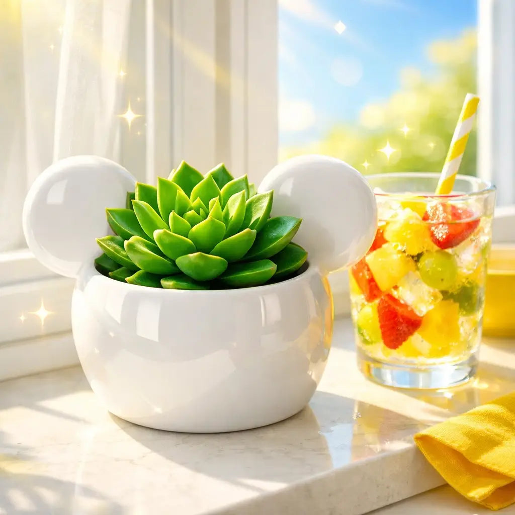 A minimalist Mickey Mouse silhouette succulent planter sitting on a sun-drenched kitchen windowsill.